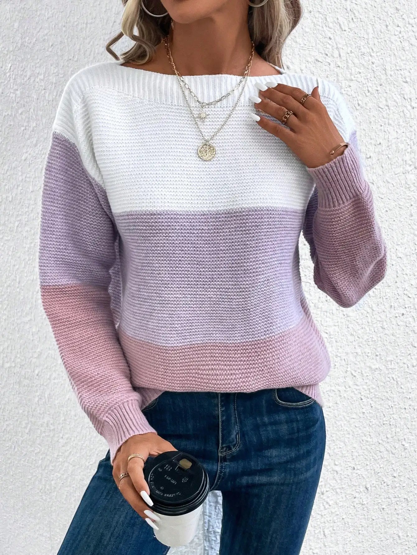 Elegant Three-color Patchwork Sweater Women Daily Commuter Casual