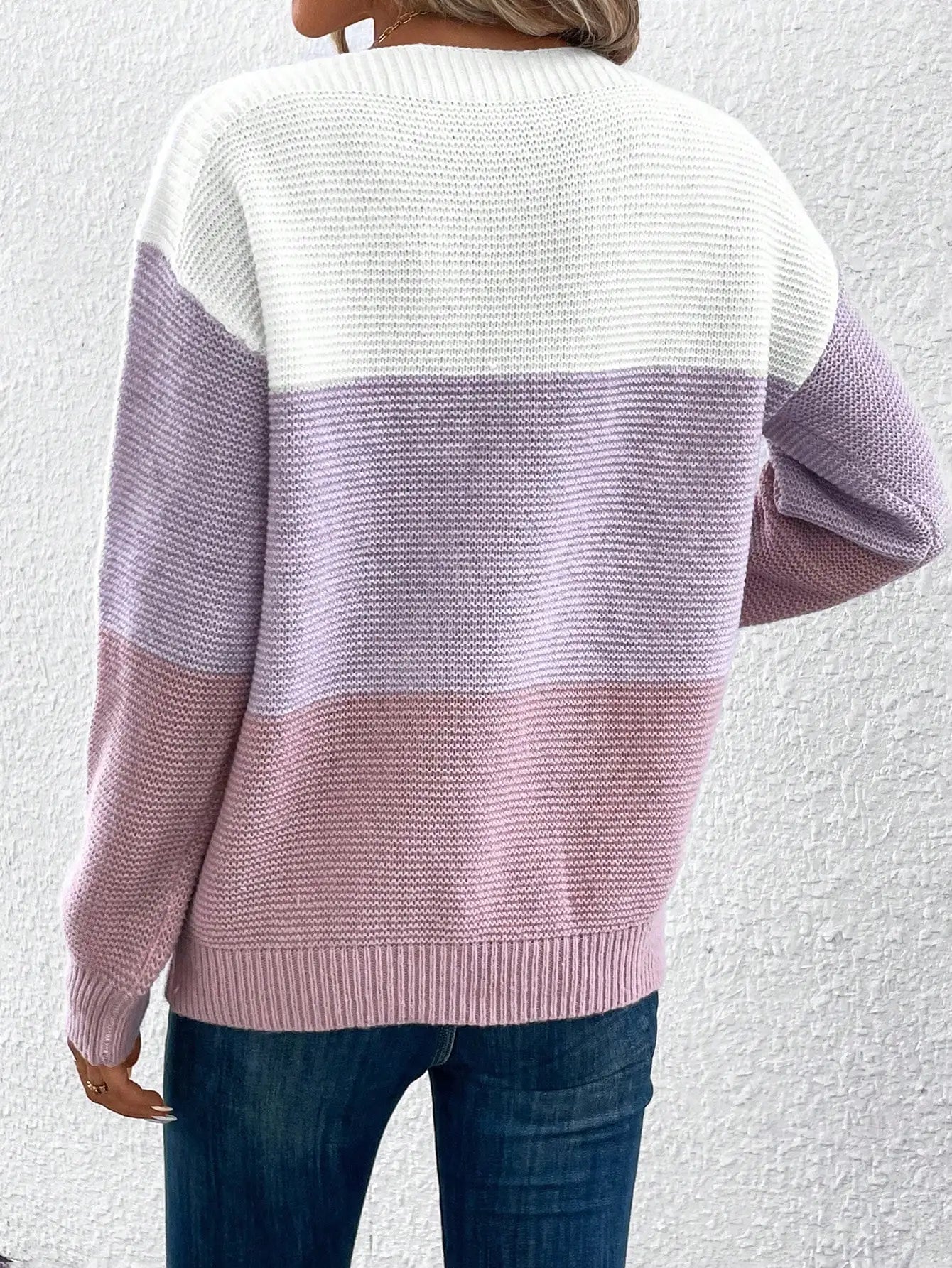 Elegant Three-color Patchwork Sweater Women Daily Commuter Casual