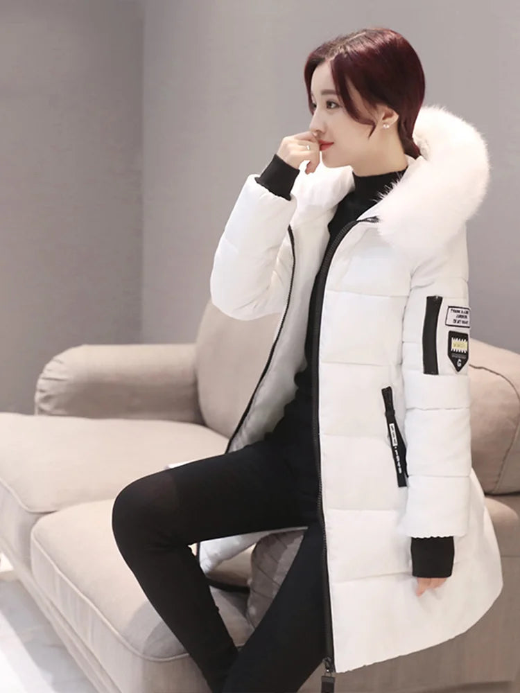 Women Winter Fur Collar Hooded Parka Fashion Letter Patch Zipper Pockets Design Long Jacket Elegant Slim Warm Thick Female Coats