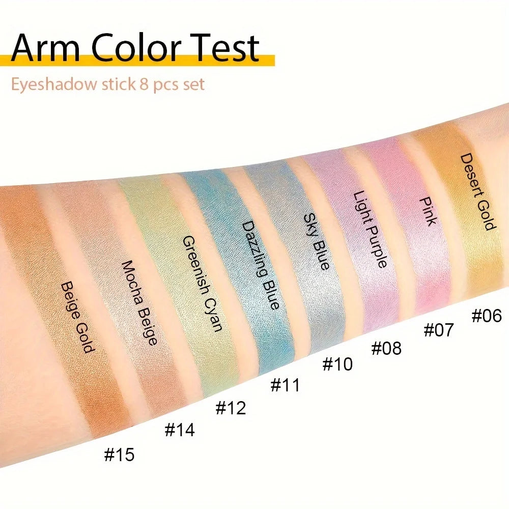 8-Piece Metallic Eyeshadow Stick Set -Champagne Glitter & HighlighterWaterproof Long-Lasting Eye Makeup In Brown, Coral, Blue, G