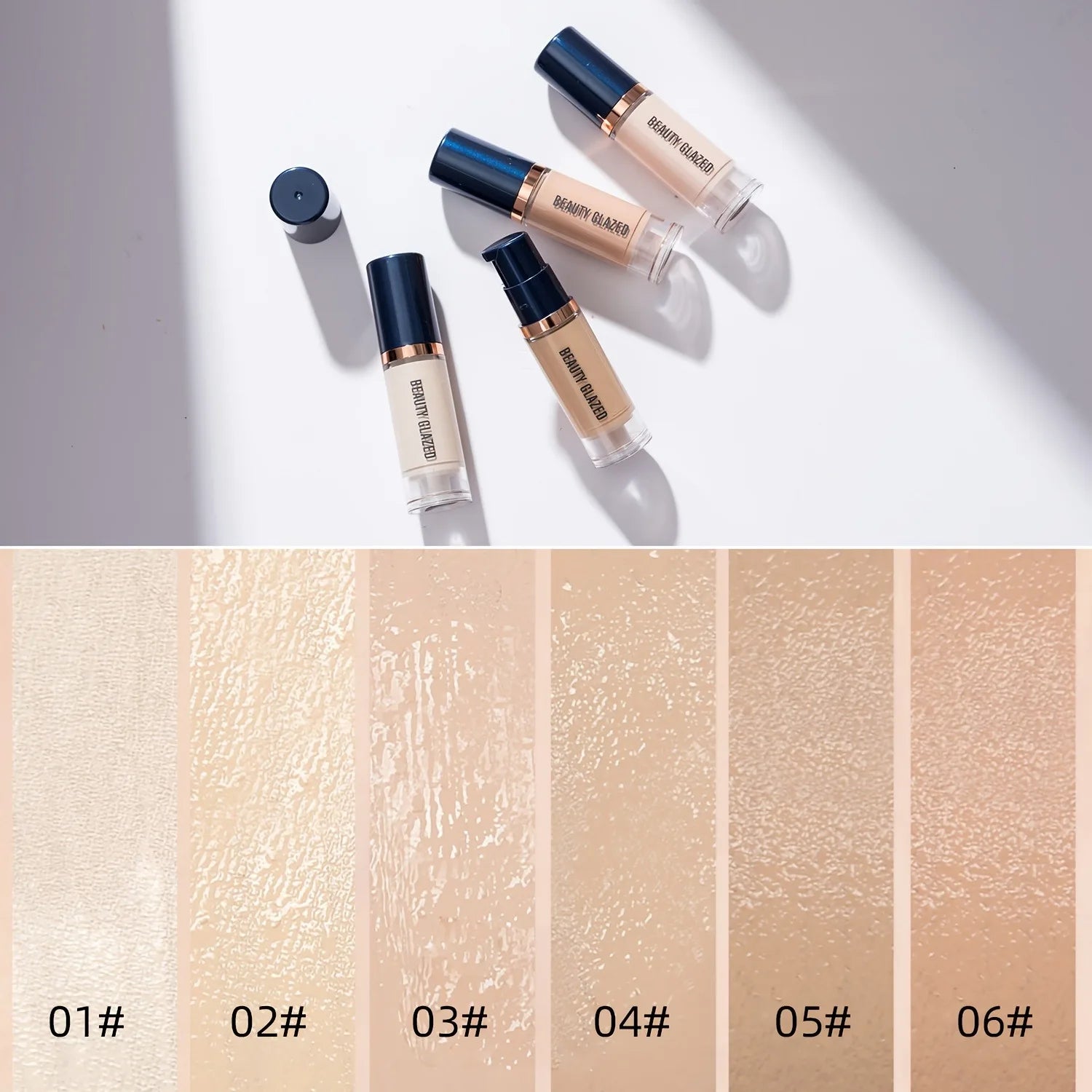 Beauty Glazed 6 Color Liquid Foundation Concealer - Full Coverage, Long-Lasting, Waterproof, Natural Effect,