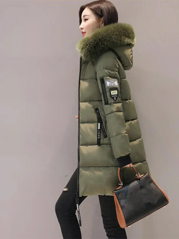 Women Winter Fur Collar Hooded Parka Fashion Letter Patch Zipper Pockets