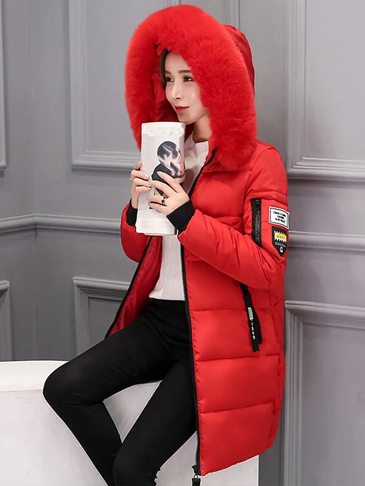 Women Winter Fur Collar Hooded Parka Fashion Letter Patch Zipper Pockets