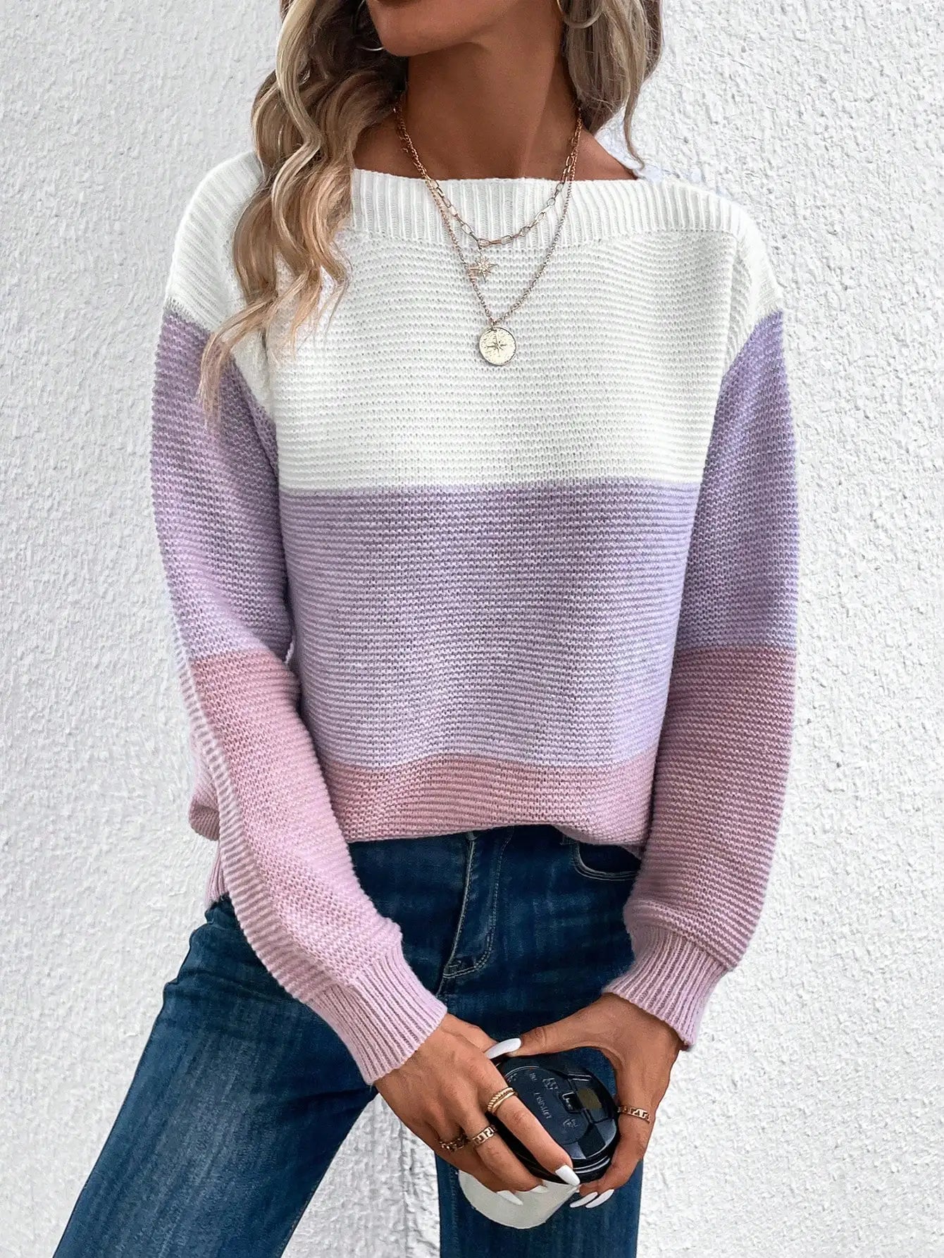 Elegant Three-color Patchwork Sweater Women Daily Commuter Casual