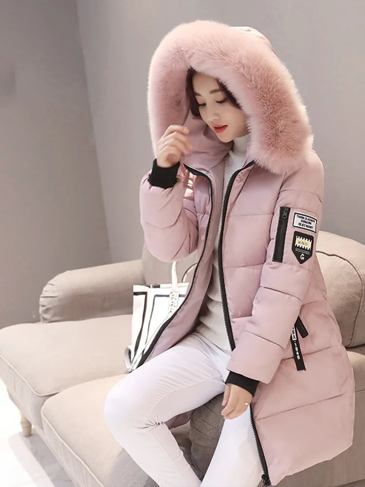 Women Winter Fur Collar Hooded Parka Fashion Letter Patch Zipper Pockets