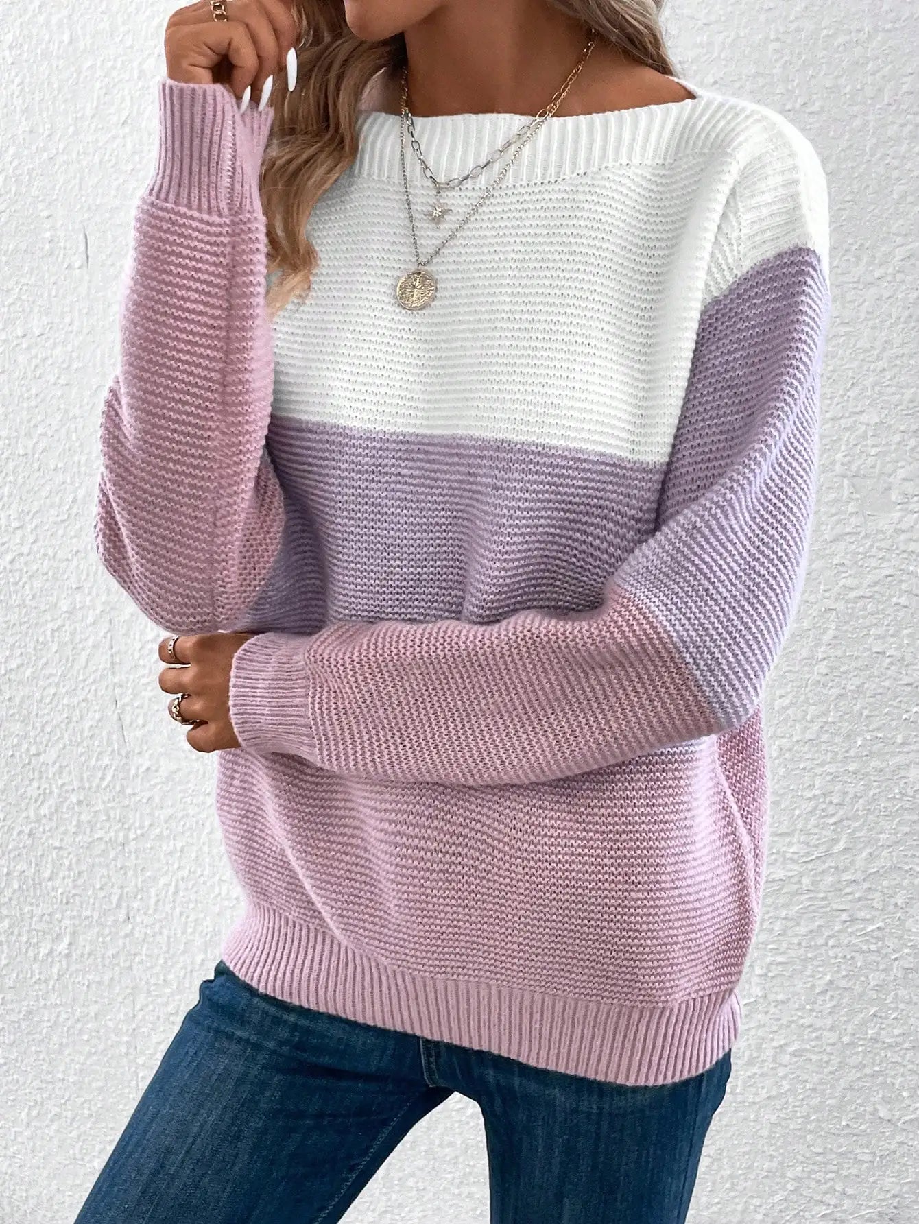 Elegant Three-color Patchwork Sweater Women Daily Commuter Casual