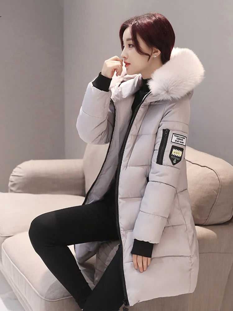 Women Winter Fur Collar Hooded Parka Fashion Letter Patch Zipper Pockets