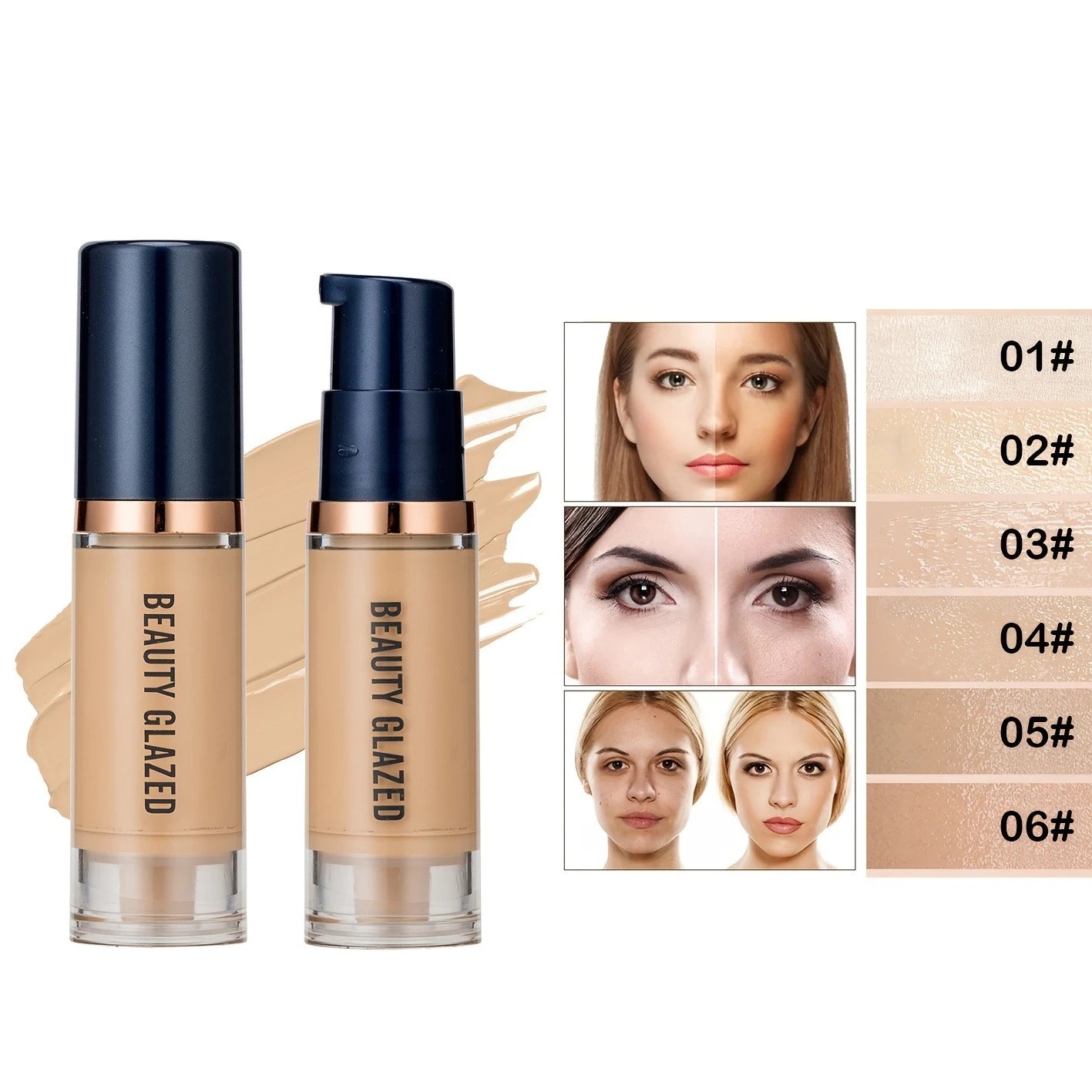 Beauty Glazed 6 Color Liquid Foundation Concealer - Full Coverage, Long-Lasting, Waterproof, Natural Effect,