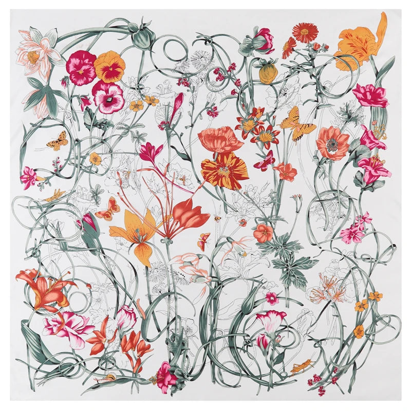 Floral Big Square Twill Silk Women Scarf