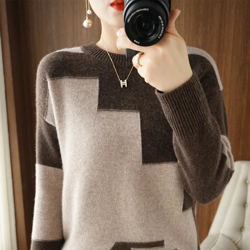 Autumn and Winter Woolen Sweater Long-Sleeved Pullover Stitching Top Round Neck Loose 100% Pure Wool Knit Sweater