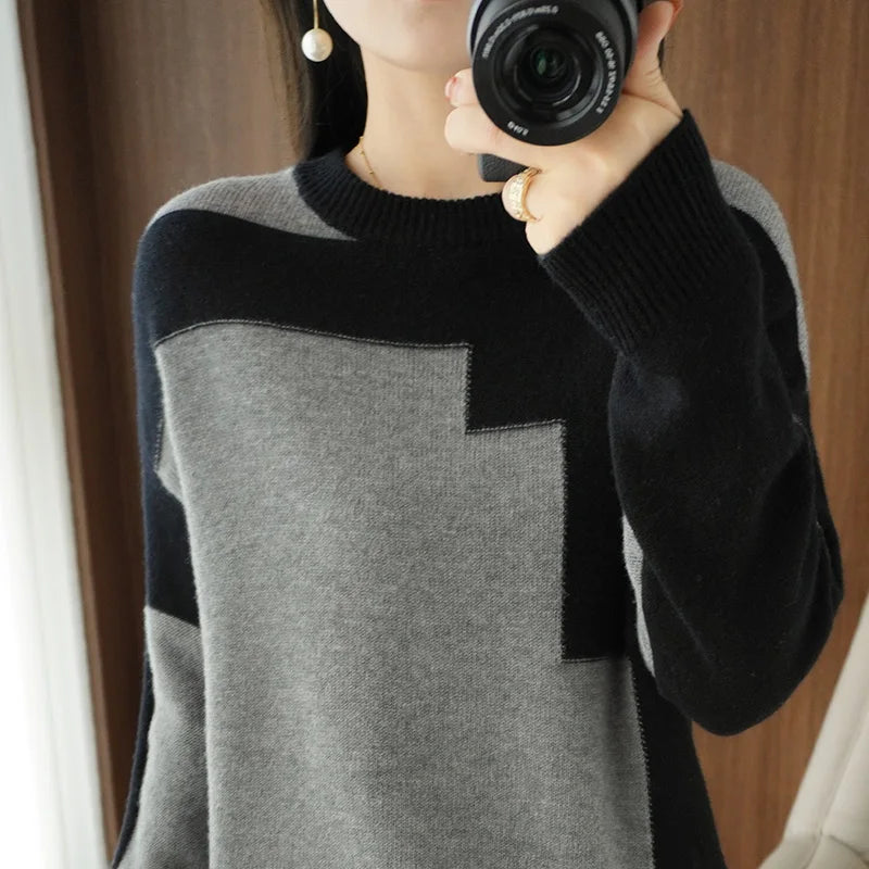 Autumn and Winter Woolen Sweater Long-Sleeved Pullover Stitching Top Round Neck Loose 100% Pure Wool Knit Sweater