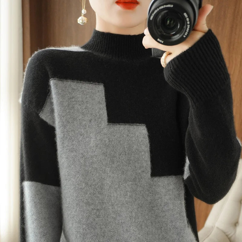 Autumn and Winter Woolen Sweater Long-Sleeved Pullover Stitching Top Round Neck Loose 100% Pure Wool Knit Sweater