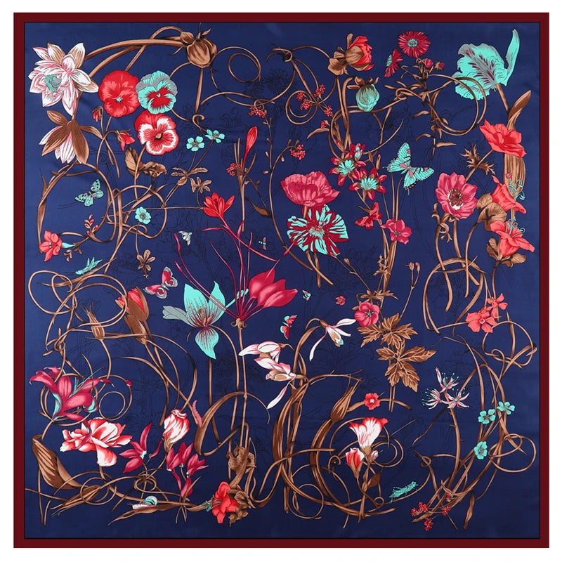 Floral Big Square Twill Silk Women Scarf