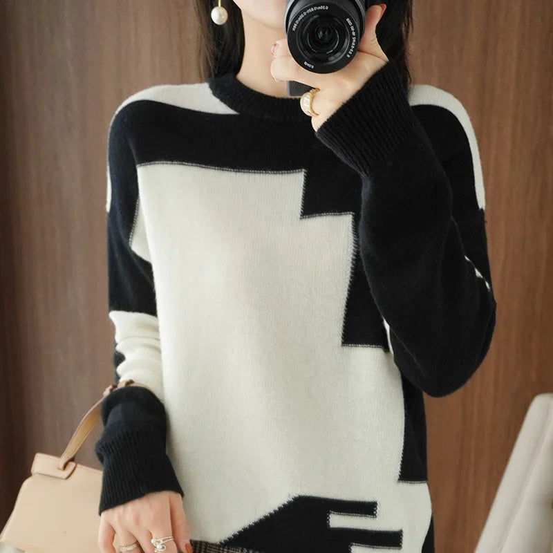 Autumn and Winter Woolen Sweater Long-Sleeved Pullover Stitching Top Round Neck Loose 100% Pure Wool Knit Sweater