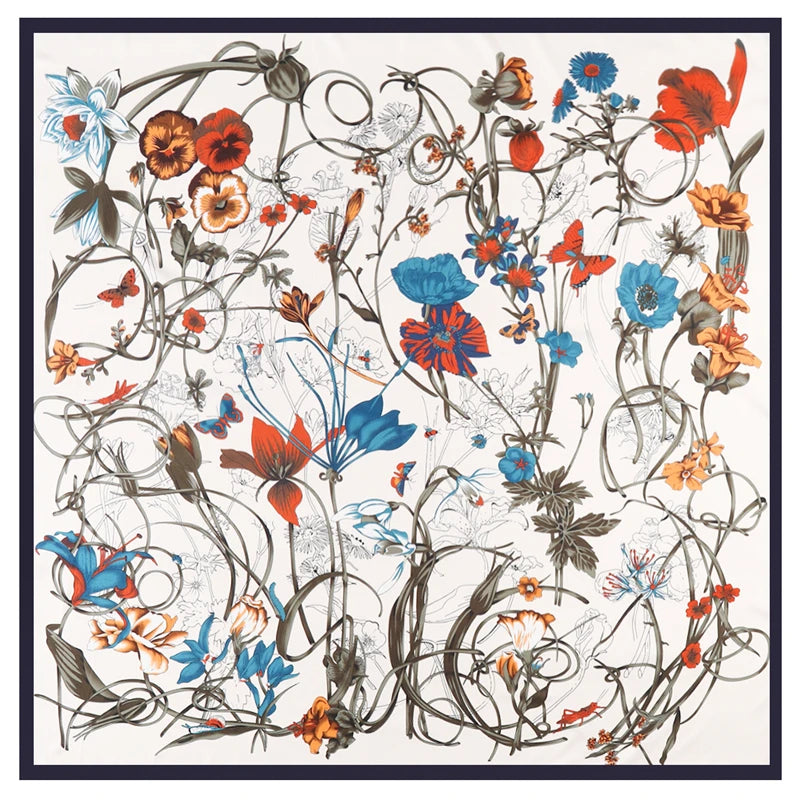 Floral Big Square Twill Silk Women Scarf