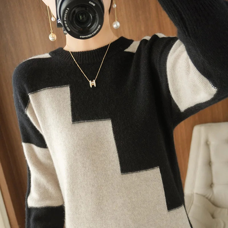 Autumn and Winter Woolen Sweater Long-Sleeved Pullover Stitching Top Round Neck Loose 100% Pure Wool Knit Sweater