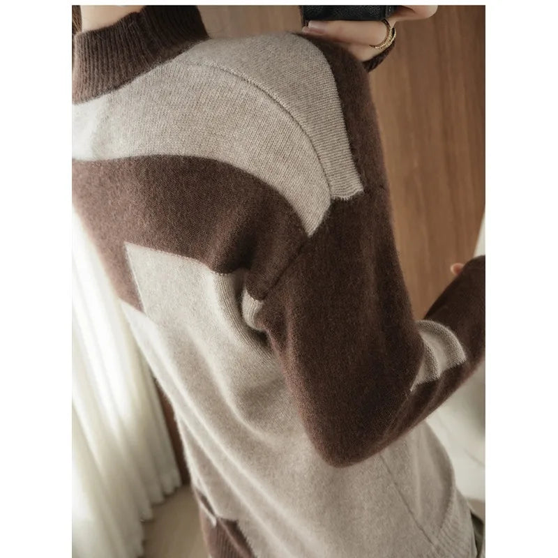 Autumn and Winter Woolen Sweater Long-Sleeved Pullover Stitching Top Round Neck Loose 100% Pure Wool Knit Sweater