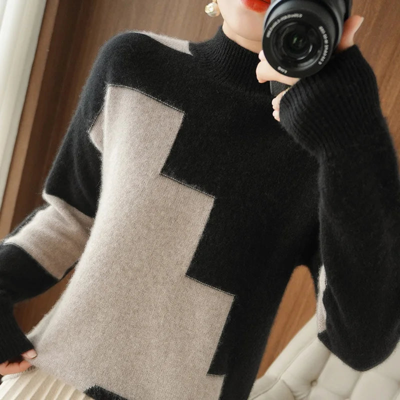 Autumn and Winter Woolen Sweater Long-Sleeved Pullover Stitching Top Round Neck Loose 100% Pure Wool Knit Sweater