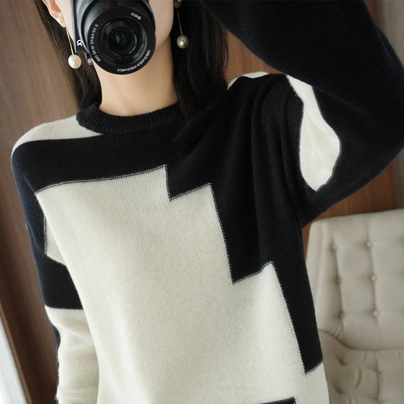 Autumn and Winter Woolen Sweater Long-Sleeved Pullover Stitching Top Round Neck Loose 100% Pure Wool Knit Sweater