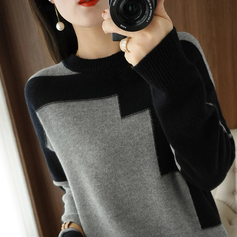 Autumn and Winter Woolen Sweater Long-Sleeved Pullover Stitching Top Round Neck Loose 100% Pure Wool Knit Sweater