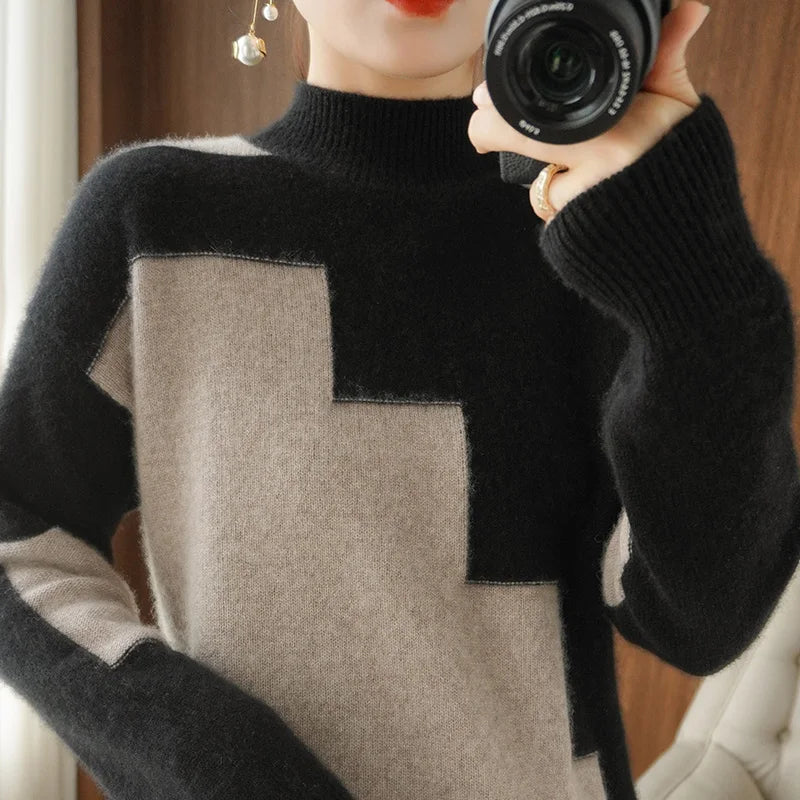 Autumn and Winter Woolen Sweater Long-Sleeved Pullover Stitching Top Round Neck Loose 100% Pure Wool Knit Sweater