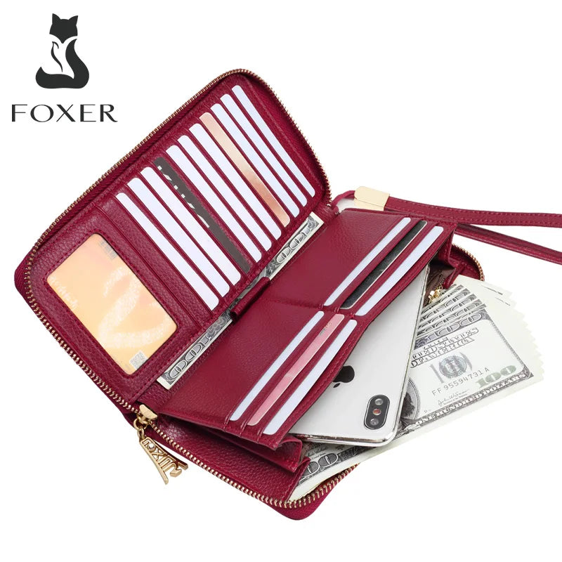 FOXER Women Split Leather Wallet Female Long Clutch Bags