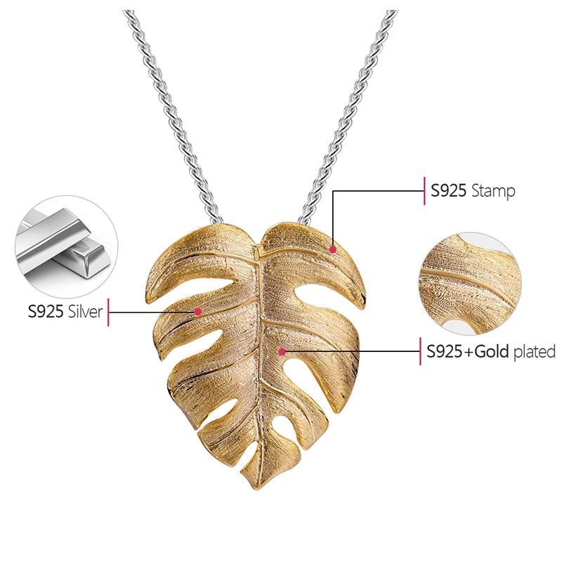 Lotus Fun Real 925 Sterling Silver Pendant – Handmade 18K Gold Monstera Leaves Design