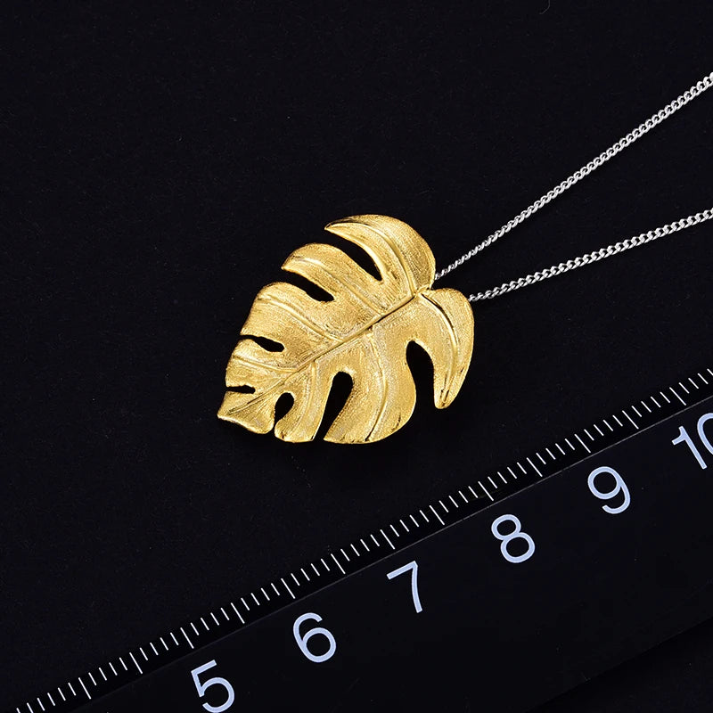 Lotus Fun Real 925 Sterling Silver Pendant – Handmade 18K Gold Monstera Leaves Design