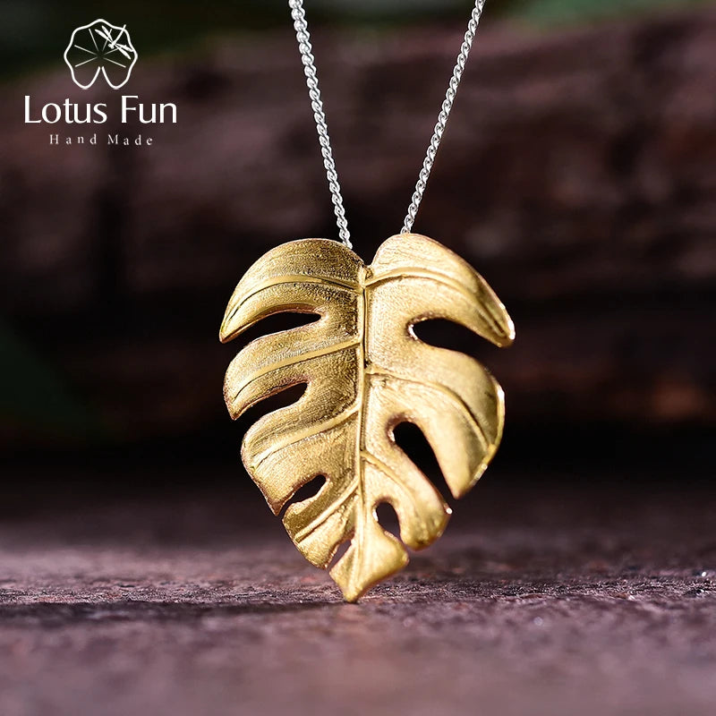 Lotus Fun Real 925 Sterling Silver Pendant – Handmade 18K Gold Monstera Leaves Design