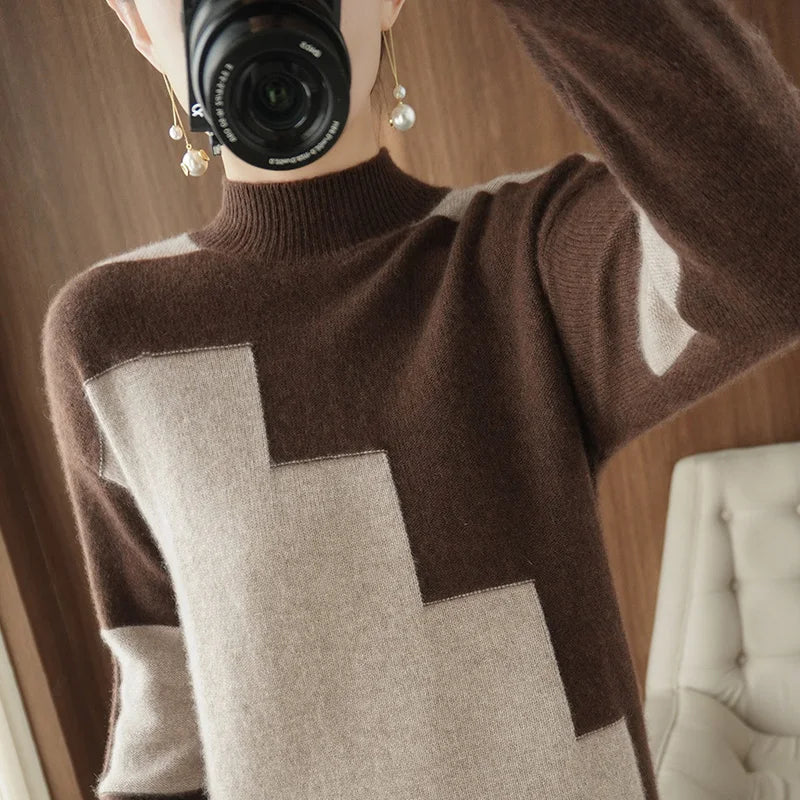 Autumn and Winter Woolen Sweater Long-Sleeved Pullover Stitching Top Round Neck Loose 100% Pure Wool Knit Sweater