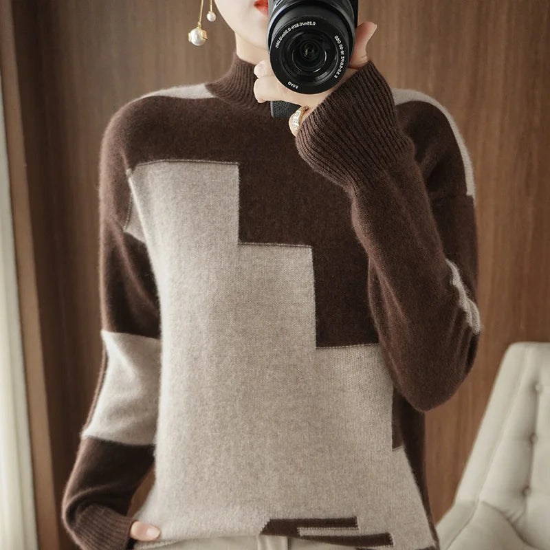 Autumn and Winter Woolen Sweater Long-Sleeved Pullover Stitching Top Round Neck Loose 100% Pure Wool Knit Sweater