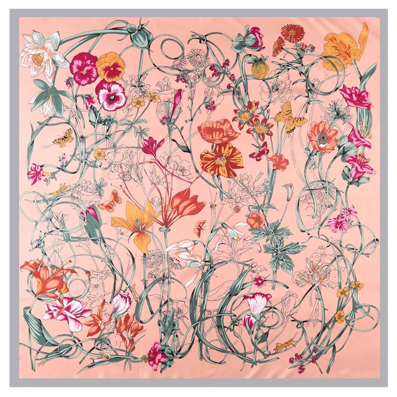 Floral Big Square Twill Silk Women Scarf