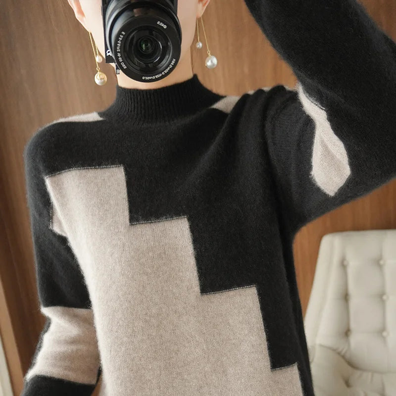 Autumn and Winter Woolen Sweater Long-Sleeved Pullover Stitching Top Round Neck Loose 100% Pure Wool Knit Sweater