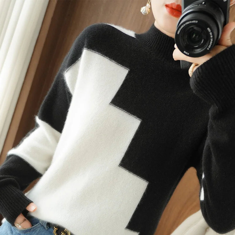 Autumn and Winter Woolen Sweater Long-Sleeved Pullover Stitching Top Round Neck Loose 100% Pure Wool Knit Sweater