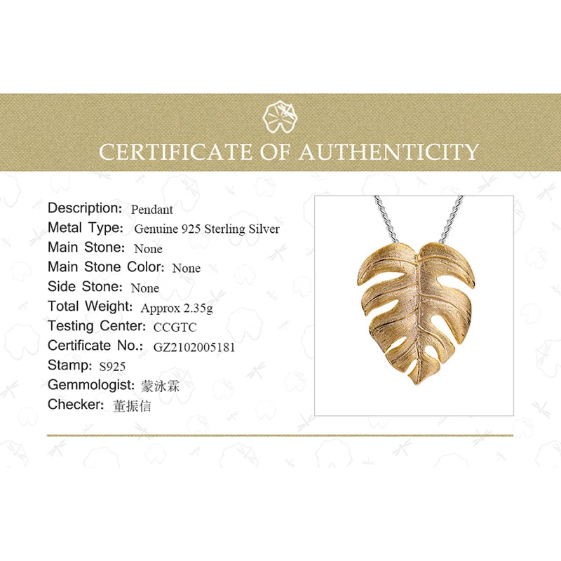 Lotus Fun Real 925 Sterling Silver Pendant – Handmade 18K Gold Monstera Leaves Design