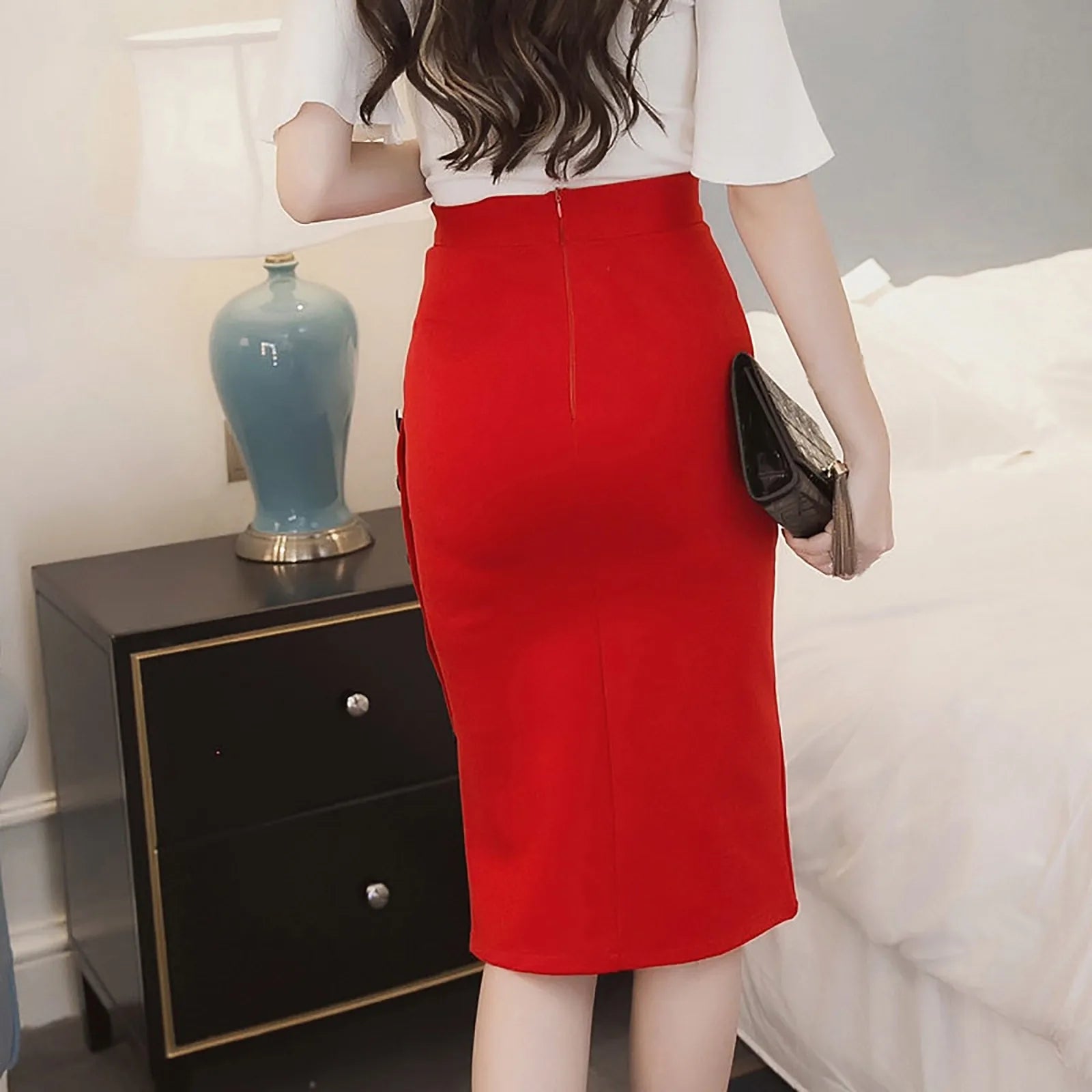 Elegant Women Vintage Office Lady Slim Skirts High Waist Buttons Slit Pencil Skirts