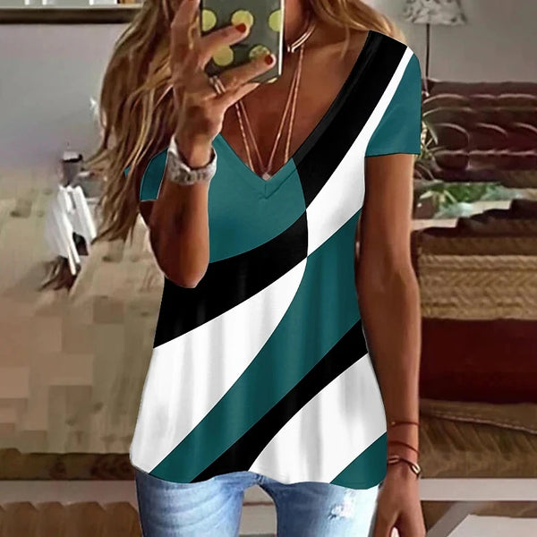 Summer Women T Shirt Stripes Print Gradient Clothing V Neck Short Sleeve Basic Tops Streetwear Fashion Oversized Girls T-shirts