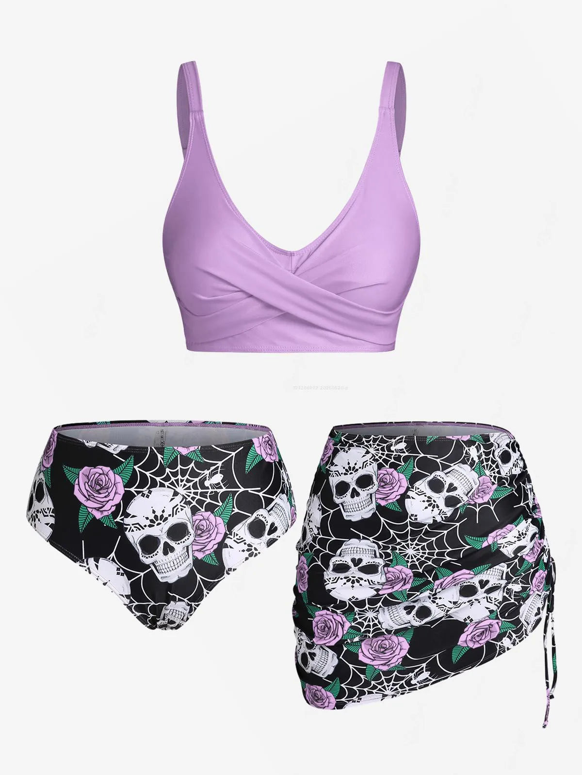 ROSEGAL Plus Size Women's Plus Size & Curve Skull Rose Print Crossover Three Piece Bikini Swimsuits