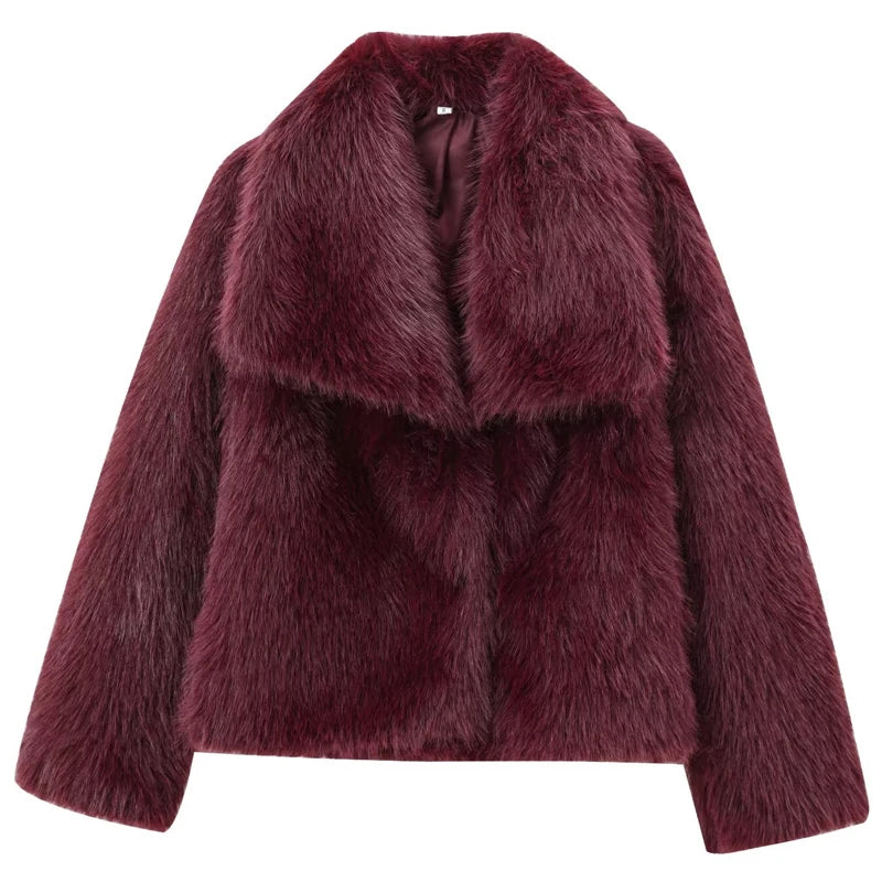 HXAO Women's Fur Coat Women 2024 Plush Burgundy Bomber Jacket