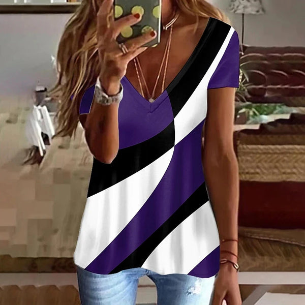 Summer Women T Shirt Stripes Print Gradient Clothing V Neck Short Sleeve Basic Tops Streetwear Fashion Oversized Girls T-shirts