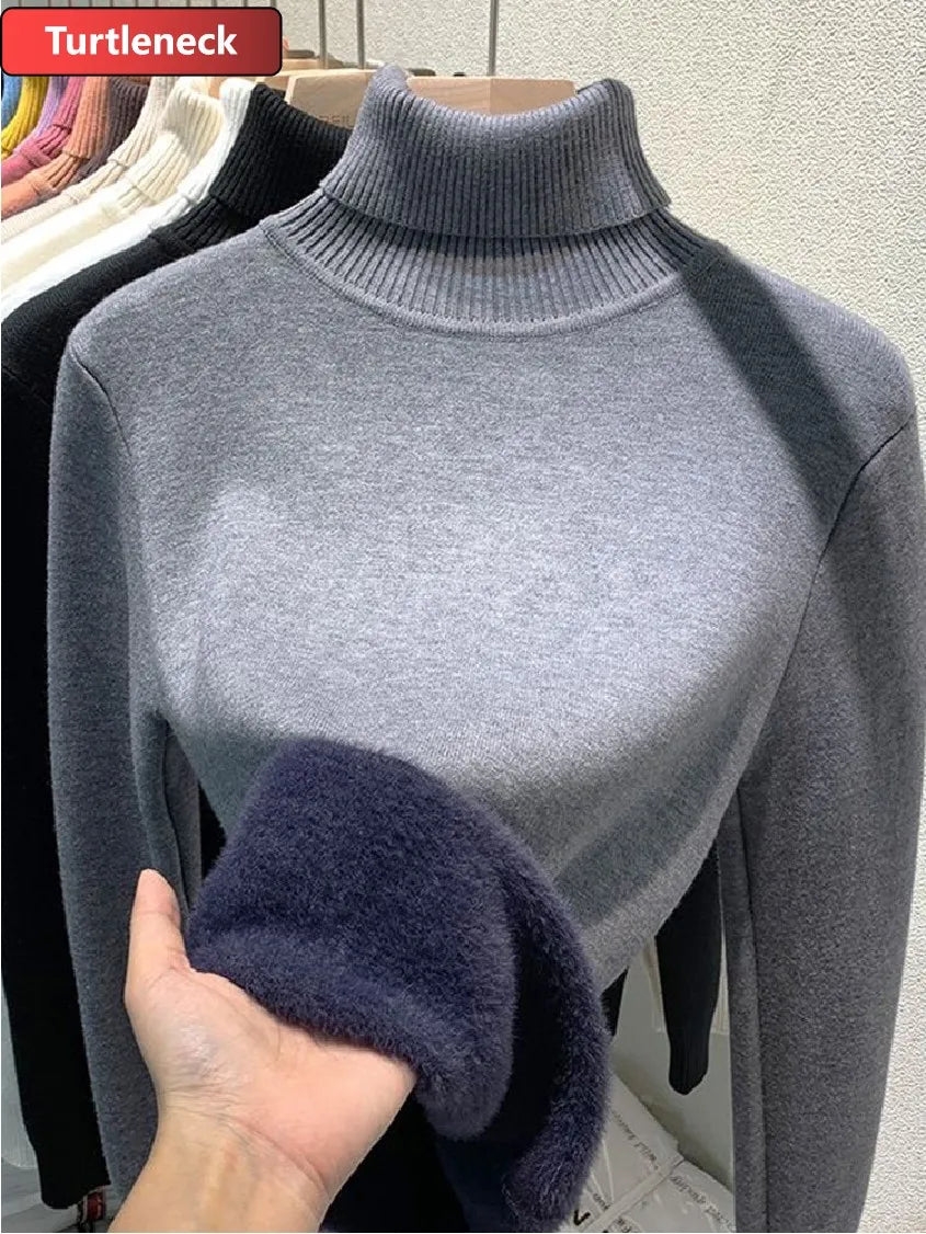 Thicken Velvet Turtleneck Sweater Women Korean Fashion Lined Warm