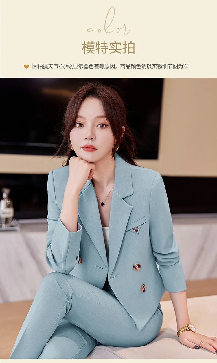 Solid Suits for Women 2024 Spring Fashion Office Ladies Long Sleeve Double Breasted Short Tops Chic Slim High Waisted Pant Suits