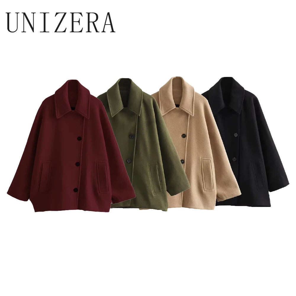 UNIZERA-Short Blended Coat for Women, Casual Polo Neck, Personalized Top, Cloak Sleeve, Winter, New