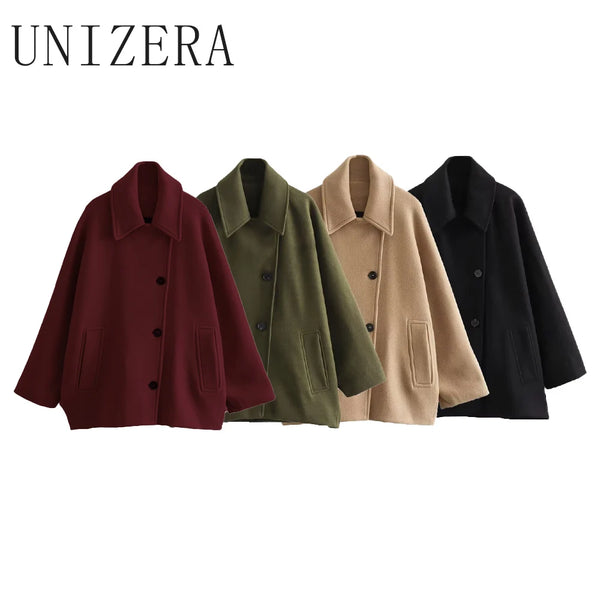 UNIZERA-Short Blended Coat for Women, Casual Polo Neck