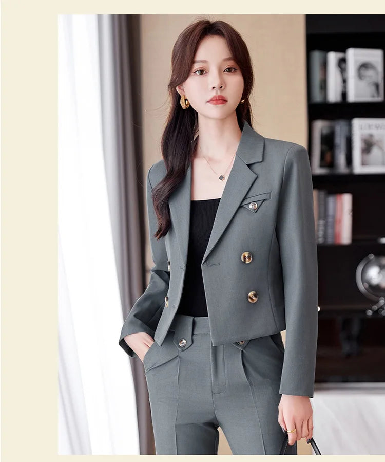 Solid Suits for Women 2024 Spring Fashion Office Ladies Long Sleeve Double Breasted Short Tops Chic Slim High Waisted Pant Suits