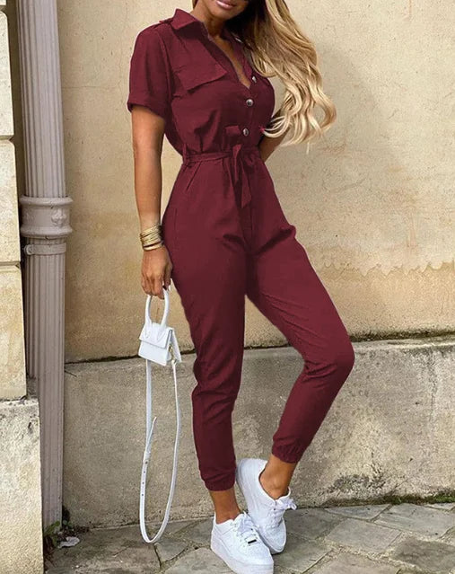 Casual Short Sleeve Jumpsuit Office Lady Spring Summer Fashion Elegant Solid Lace Up Jumpsuits For Women 2023 One Piece Rompers