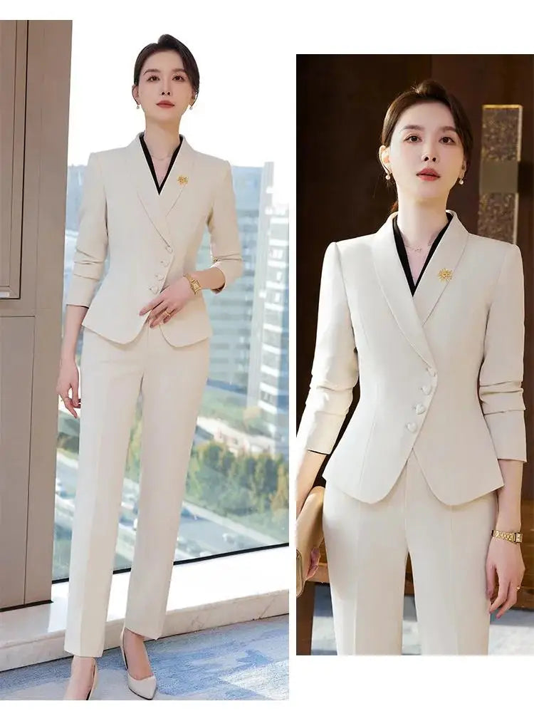 Office Business Women's Suit Pants Two-piece Set 2024 New Spring Autumn Long Sleeve Heart Button Jacket Slim Trousers Skirts