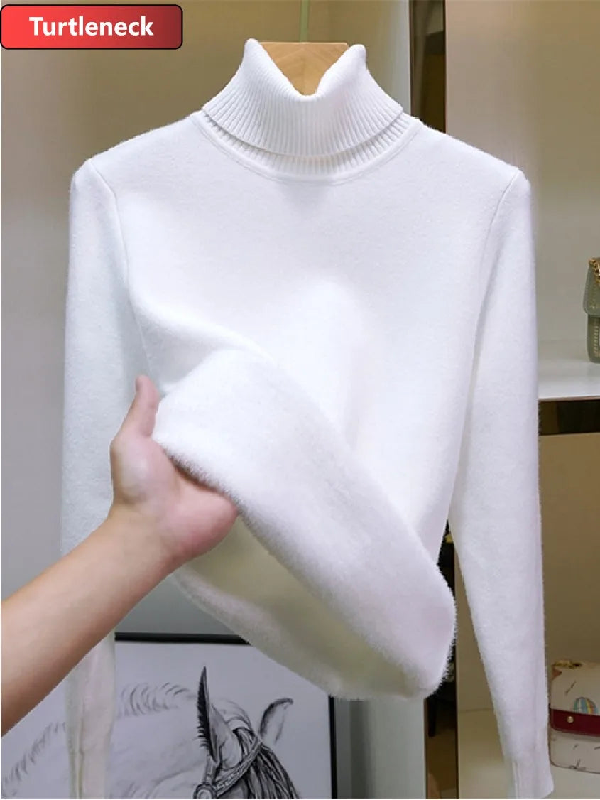 Thicken Velvet Turtleneck Sweater Women Korean Fashion Lined Warm