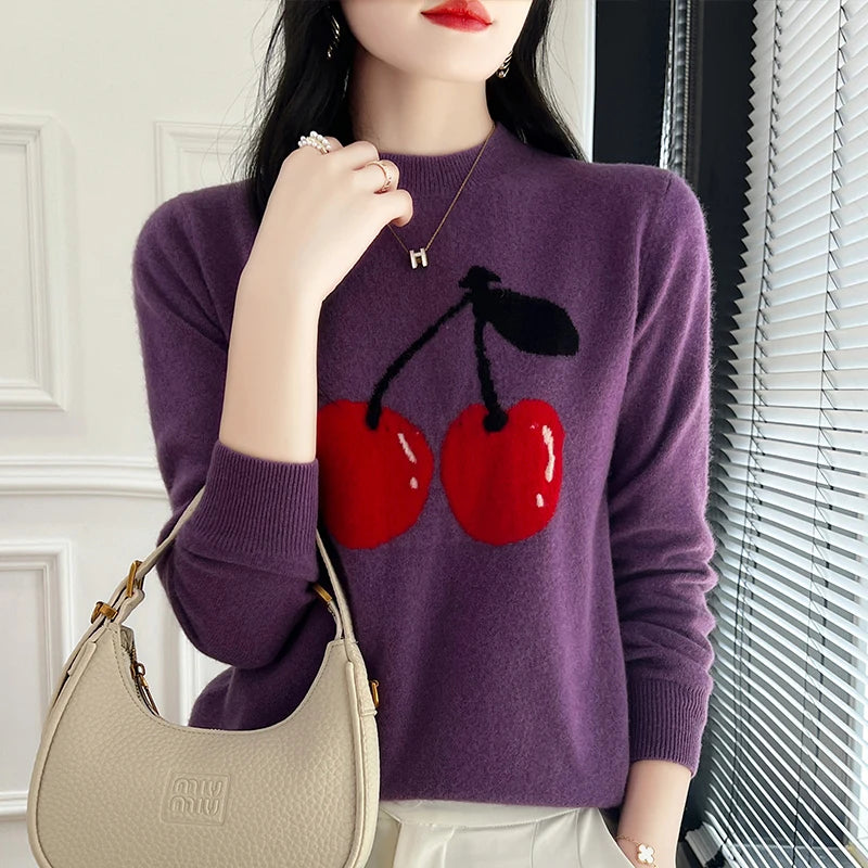 Autumn and Winter Women's Pullover Embroidered Pure Wool Knit Sweater