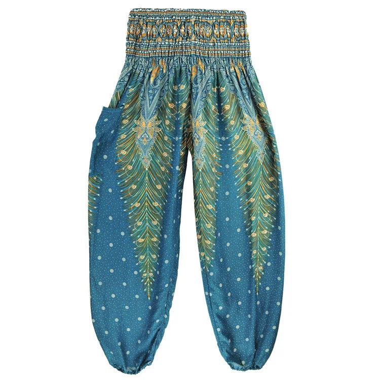 Women Yoga Boho Pants Leggings Floral Printing With Pocket Harem Bohemian High Waist  elastic waistband and ankle strapping